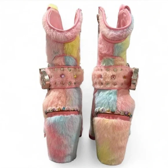 Club Exx Sharp Sheriff Shine Cowboy Boots Rainbow Faux Fur & Rhinestones, Rave - Picture 8 of 11